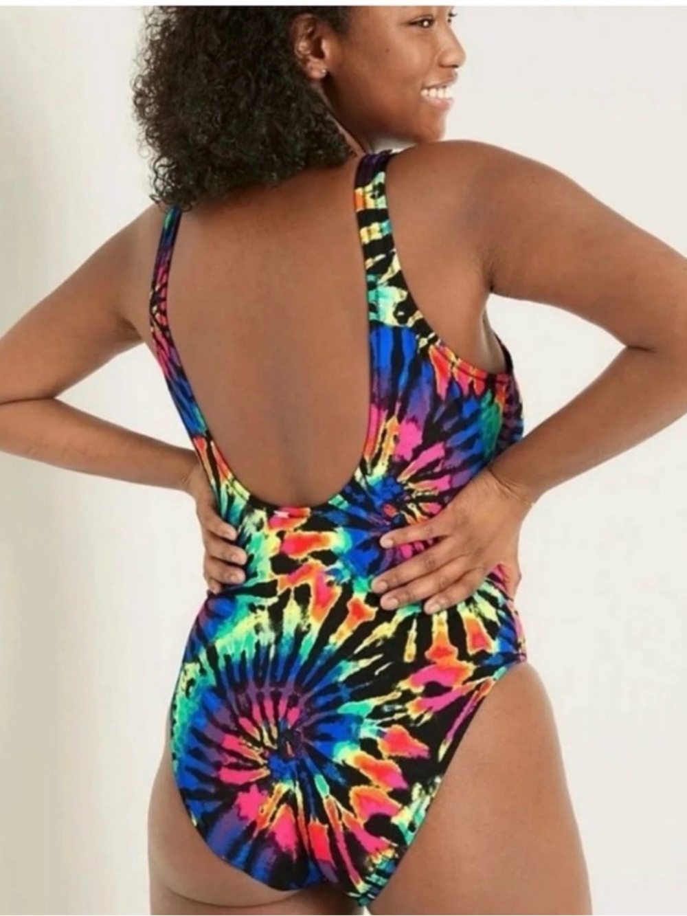 Victoria's Secret Pink Black Tie Dye Rainbow Scoop One Piece Bathing Swimsuit - Picture 3 of 6